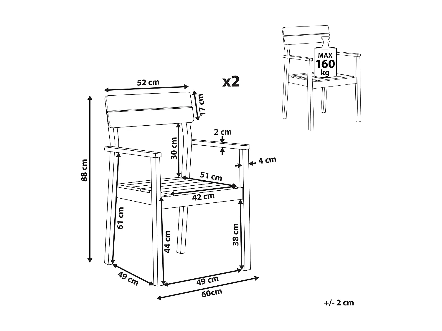 Gartenstühle Akazienholz hellbraun 2er Set mit Armlehnen Fornelli