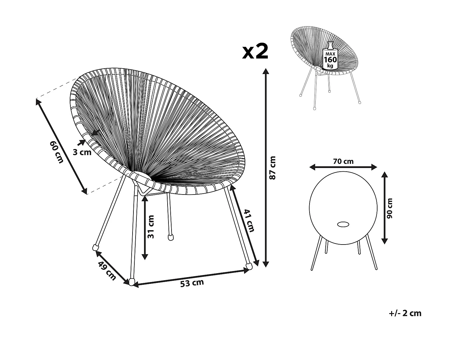 Lot de 2 chaises de jardin ACAPULCO II Naturel