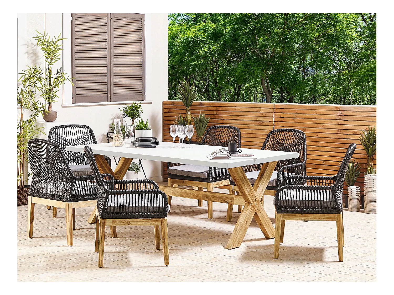 Salle à manger de jardin 6 places OLBIA avec coussins Béton Noir