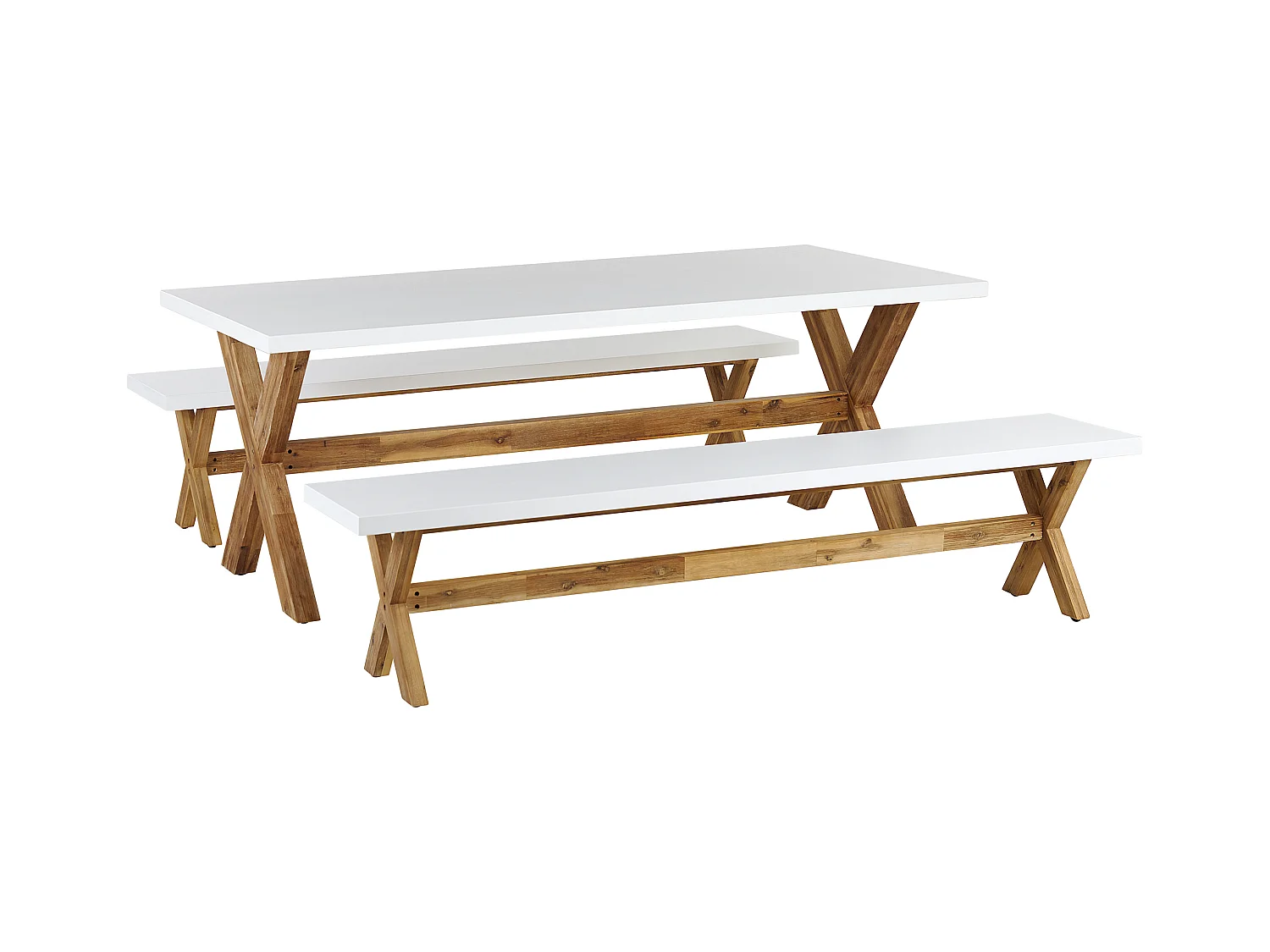 Modernes Gartenset mit Tisch und 2 robusten Bänken aus Faserzement weiß Olbia