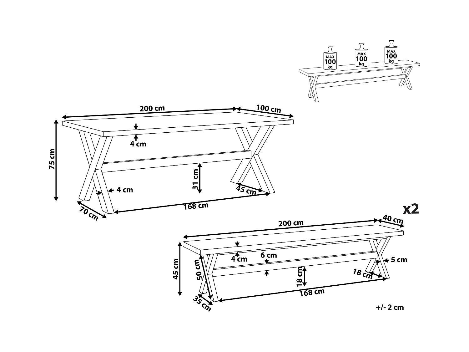 Modernes Gartenset mit Tisch und 2 robusten Bänken aus Faserzement weiß Olbia