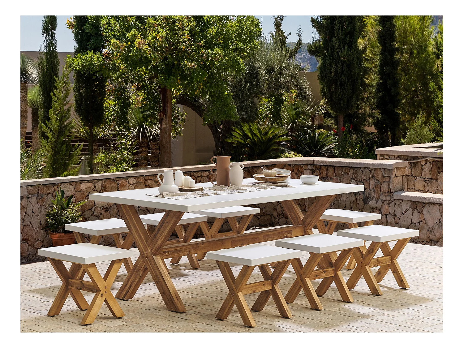 Salle à manger de jardin avec tabourets 8 places OLBIA Béton Blanc