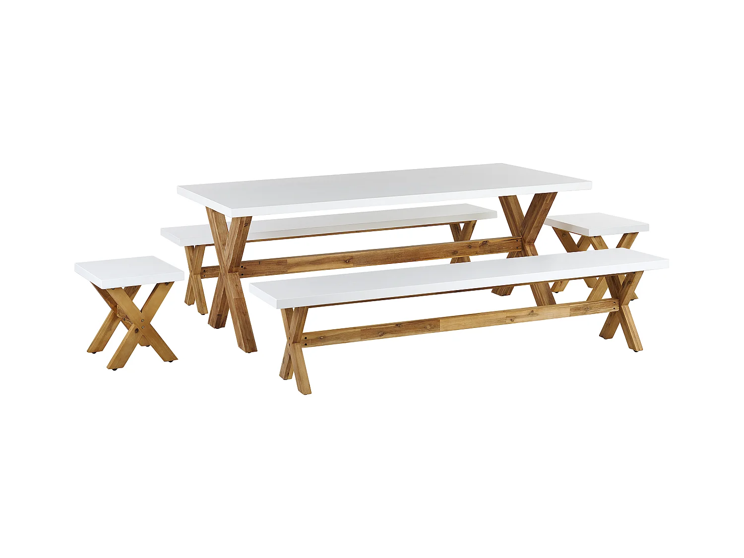 Modernes Gartenset weiss Tisch 2 robuste Hocker 2 Bänke aus Faserzement Olbia