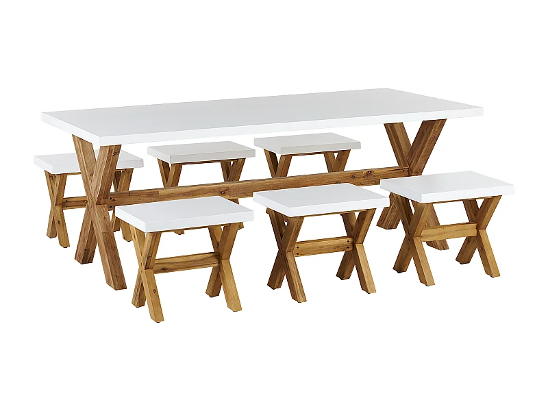 Gartenset Tisch 200x100 cm 6 Hocker Betonplatte weiß Akazienholz Rustikal Olbia