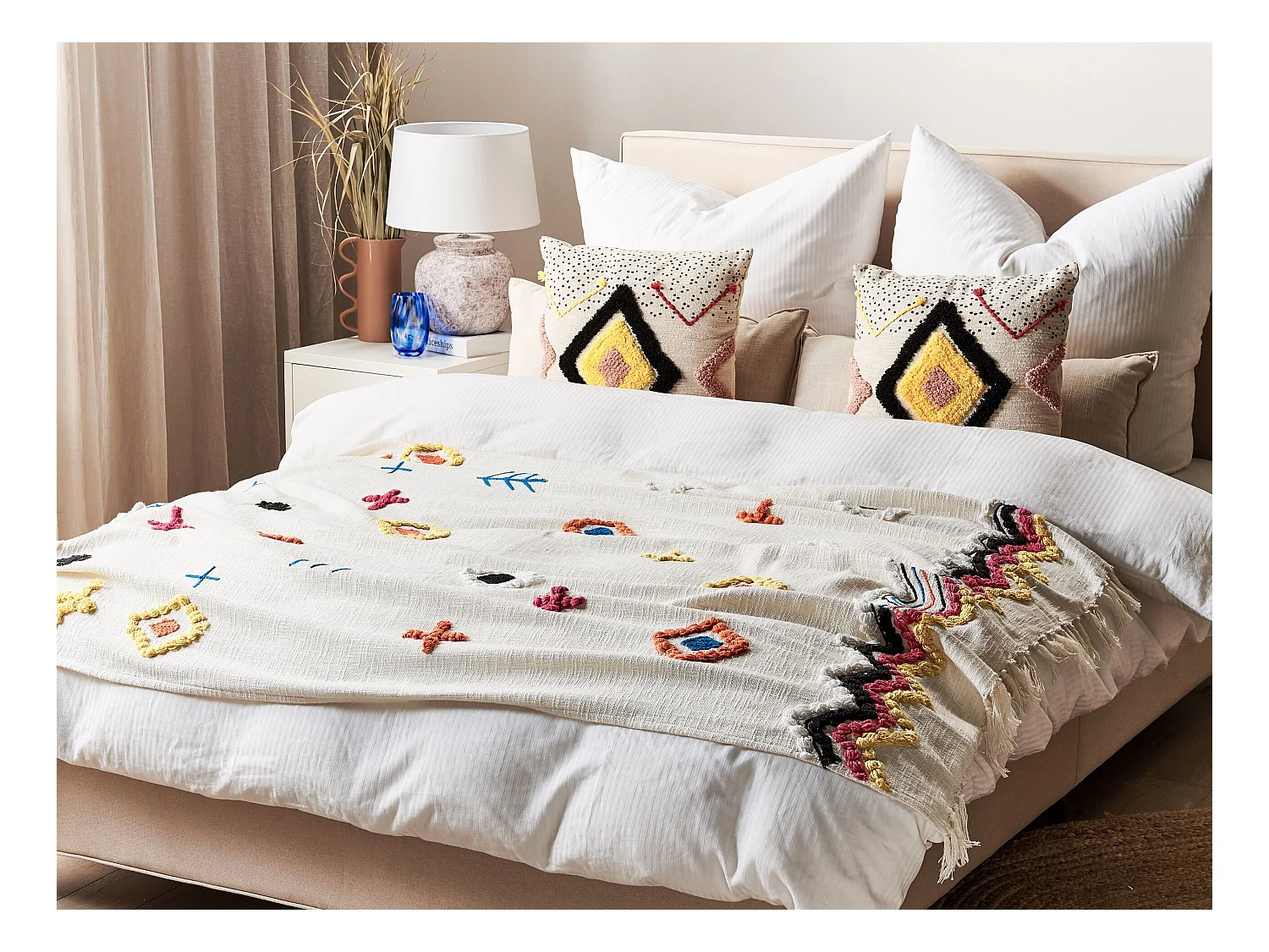 Deko Decke Baumwolle beige/mehfarbig mit Quasten abstrakt 130x180 cm Morena