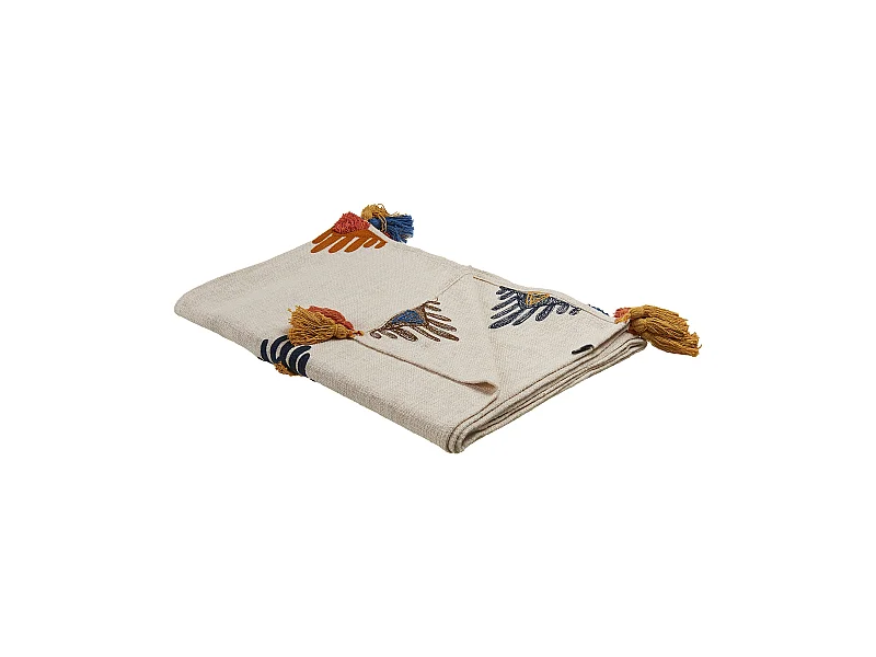 Kuscheldecke Baumwolle beige mit Muster bunt Quasten 130 x 180 cm Boho Munger