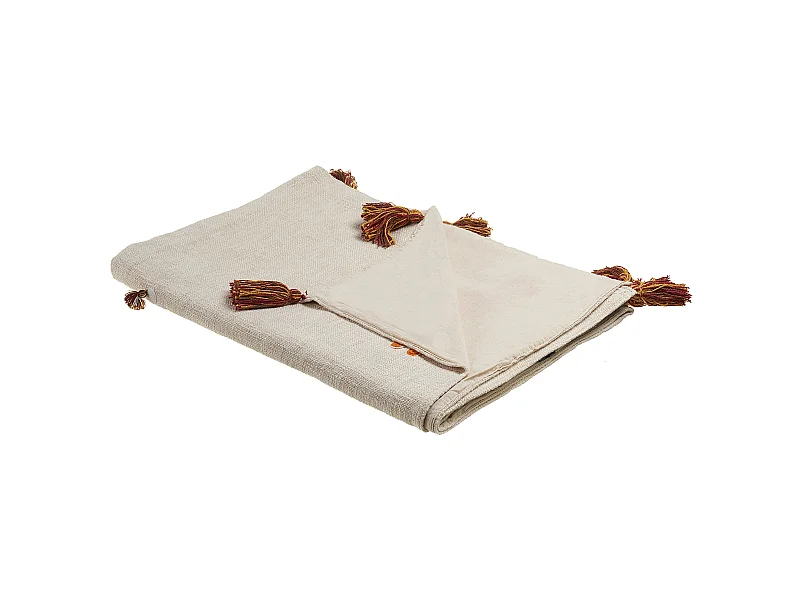 Deko Decke Baumwolle beige/orange mit Lama-Motiv Quasten 130x180 cm Khandwa