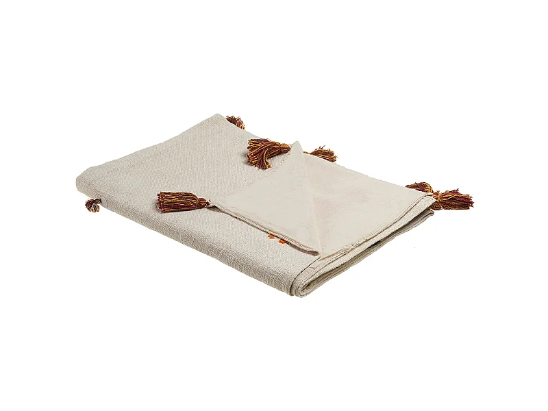 Deko Decke Baumwolle beige/orange mit Lama-Motiv Quasten 130x180 cm Khandwa