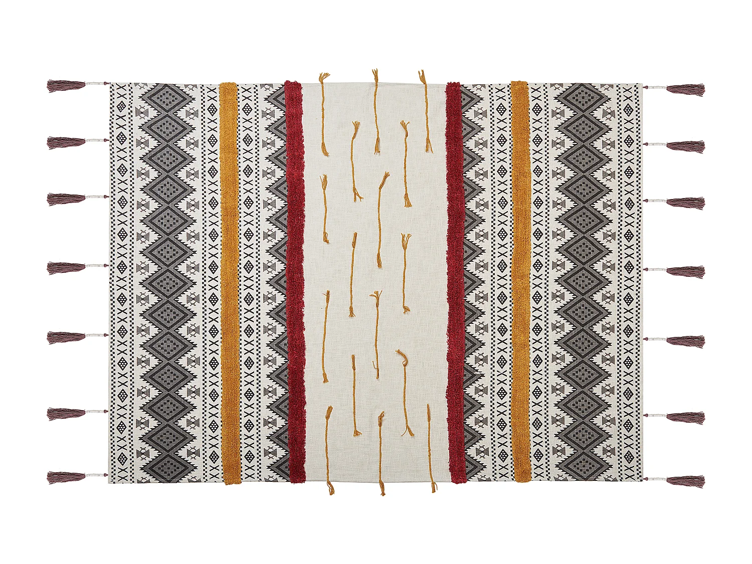 Kuscheldecke Baumwolle beige Muster bunt / grau Quasten 130 x 180 cm Boho Ambala