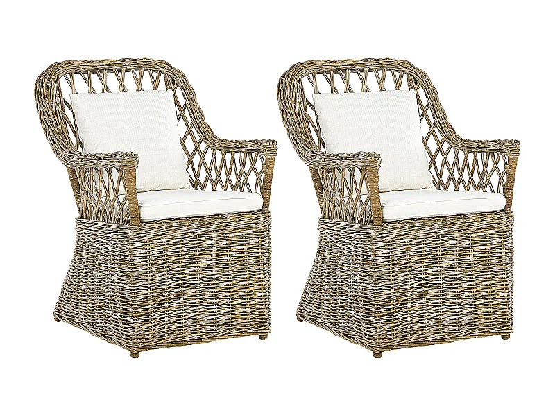 Gartensessel mit hoher Lehne Rattan natürlich 2er Set Auflagen weiß Boho Maros