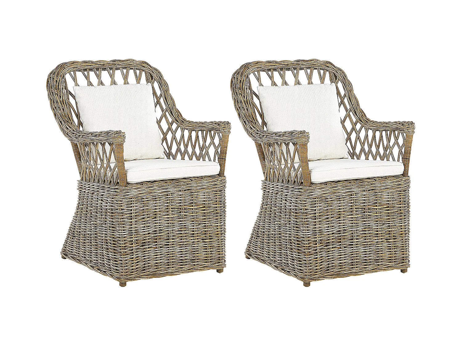Gartensessel mit hoher Lehne Rattan natürlich 2er Set Auflagen weiß Boho Maros