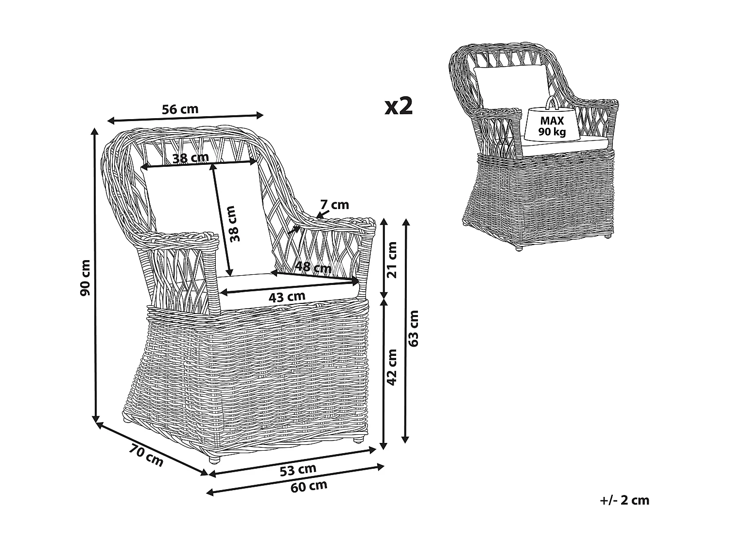 Lot de 2 fauteuils de jardin avec coussins MAROS Rotin Naturel