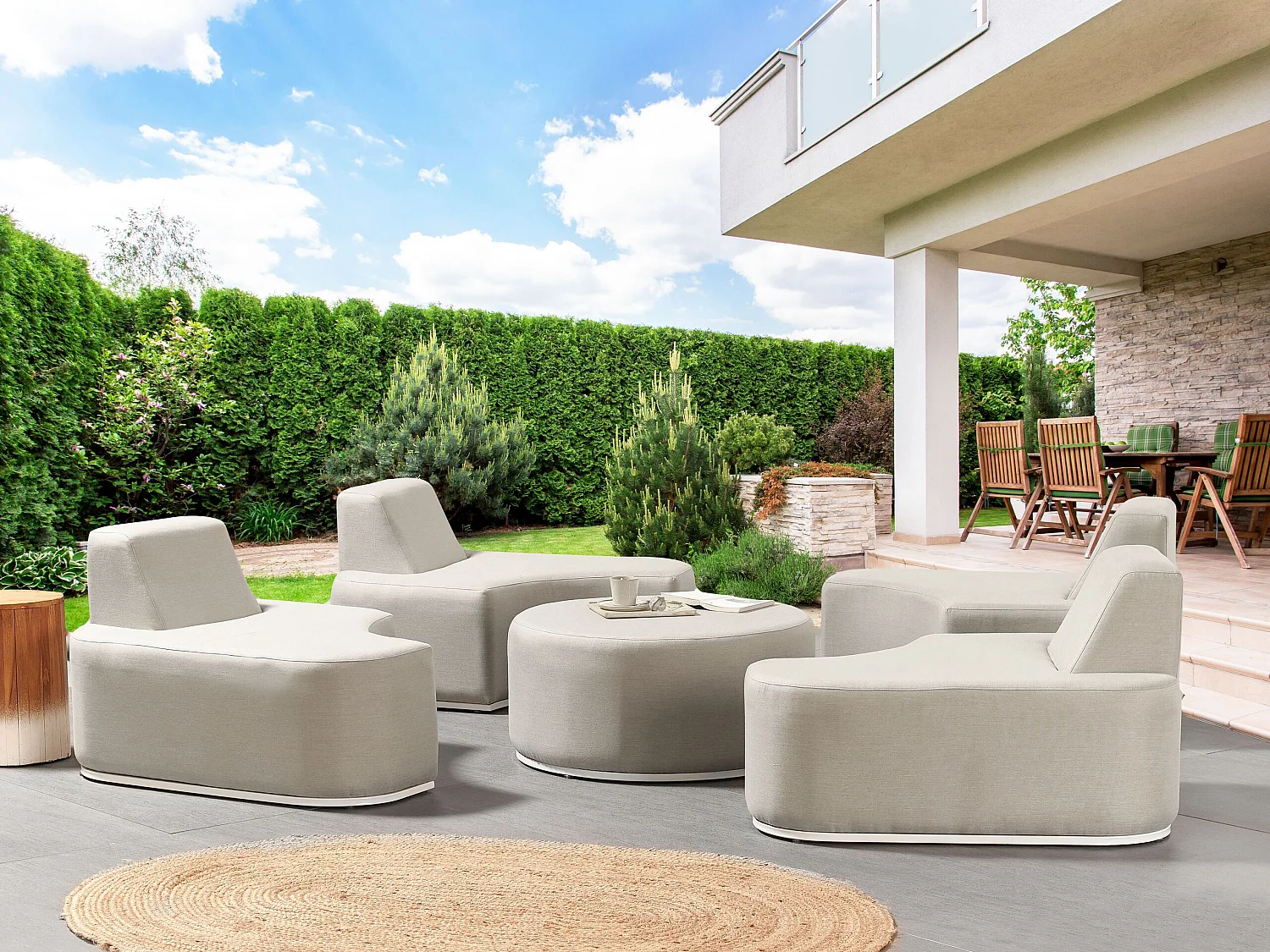 Gartenmöbel Lounge Set Stoff grau 5-teilig zusammenschiebbar Modern Fabro