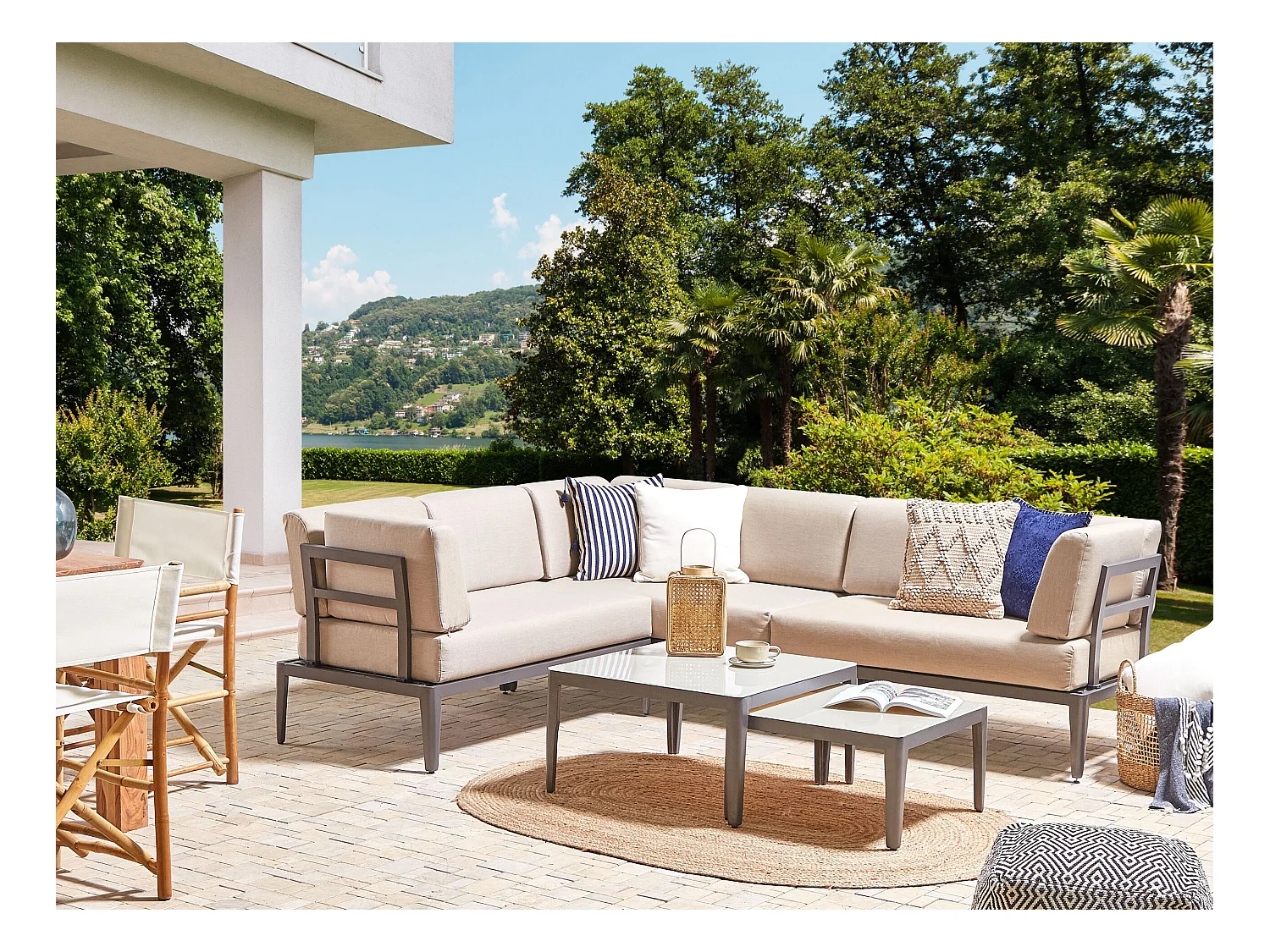 Narożnik ogrodowy ze stolikiem dla 6 osób RIMA III Lewostronny Modułowy Metal Beżowy