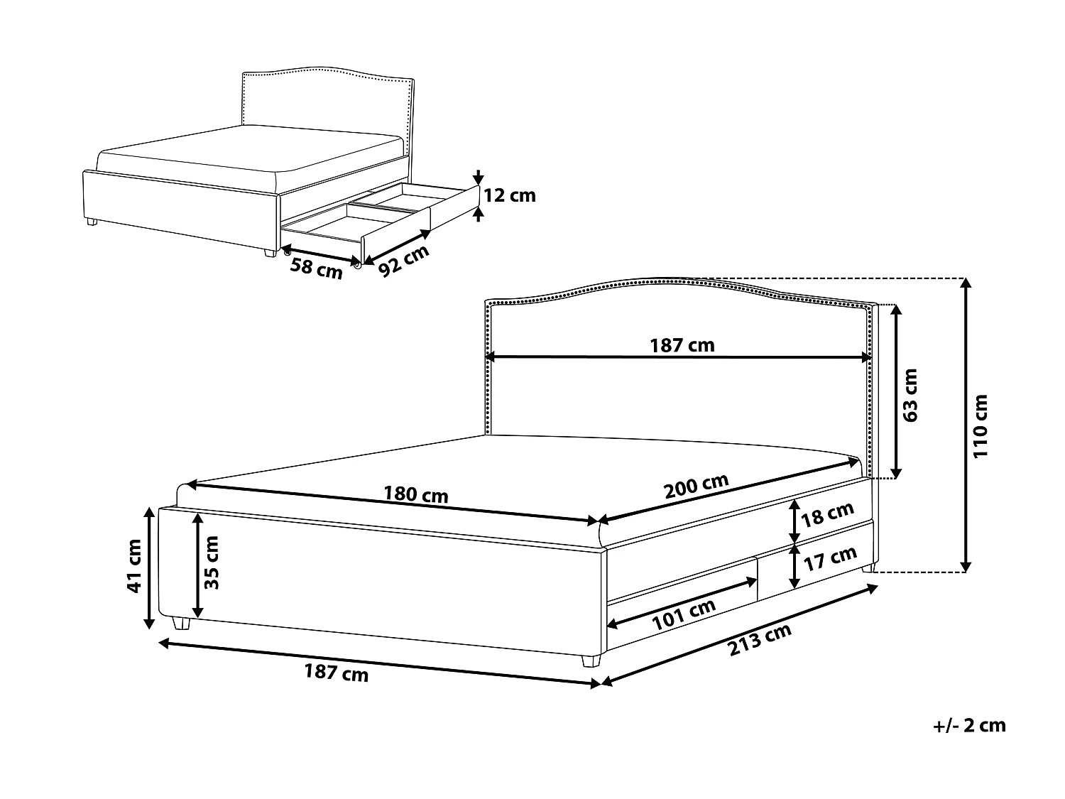 Cama con cajones Tela MONTPELLIER 180 x 200 cm LED Multicolor