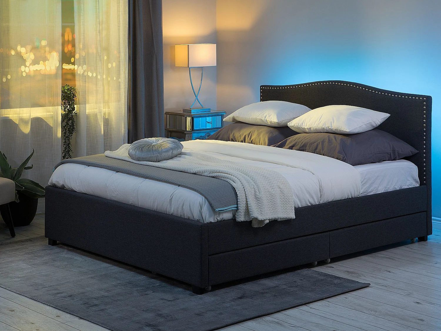 Lit avec tiroirs de rangement Tissu MONTPELLIER 180 x 200 cm LED Multicolore