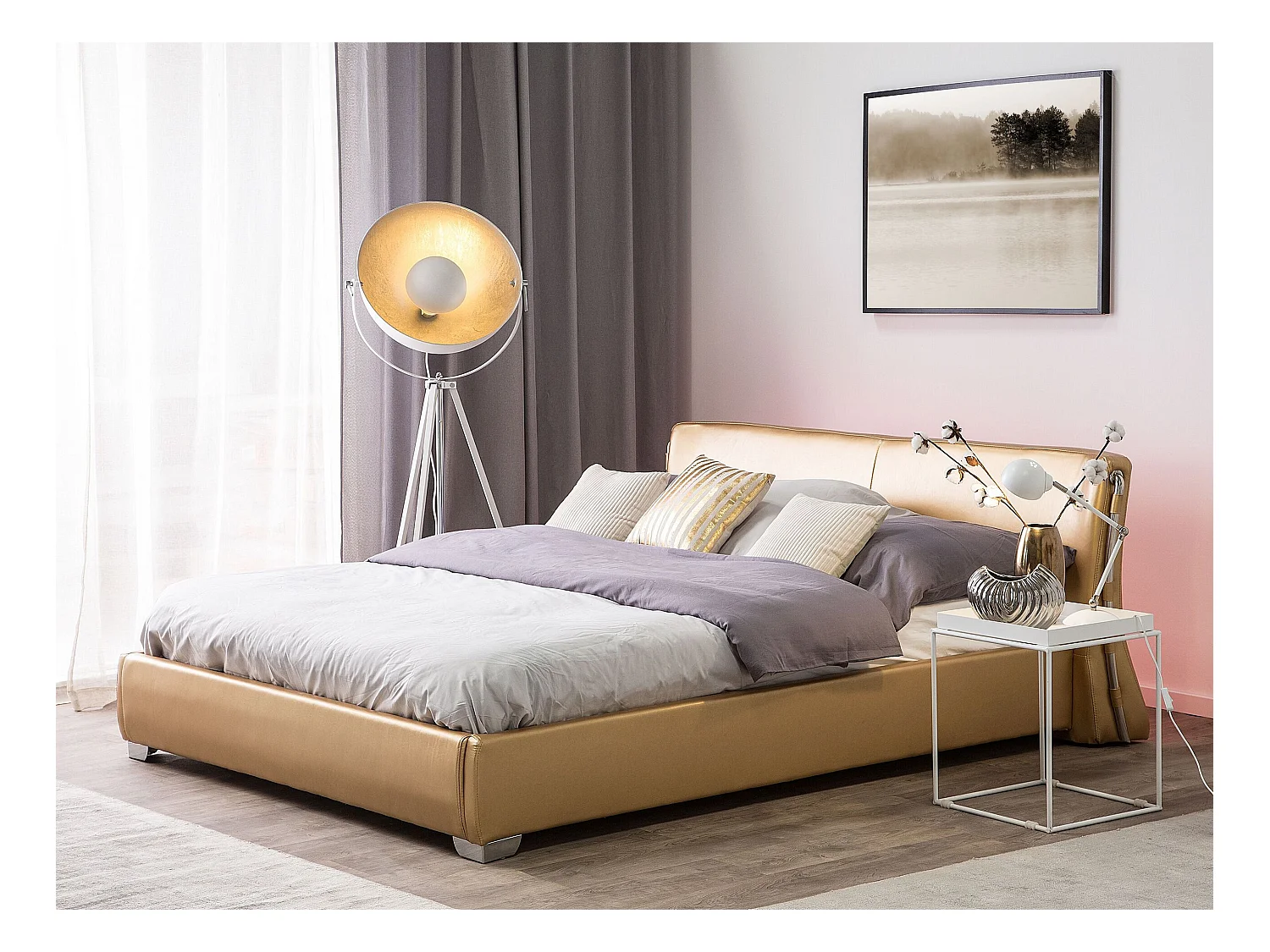 Bed met LED-verlichting Leer PARIS 180 x 200 cm LED Goud