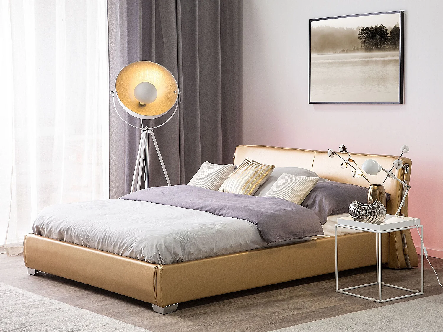 Extravagantes Lederbett in Gold 180x200 cm mit LED-Beleuchtung Paris