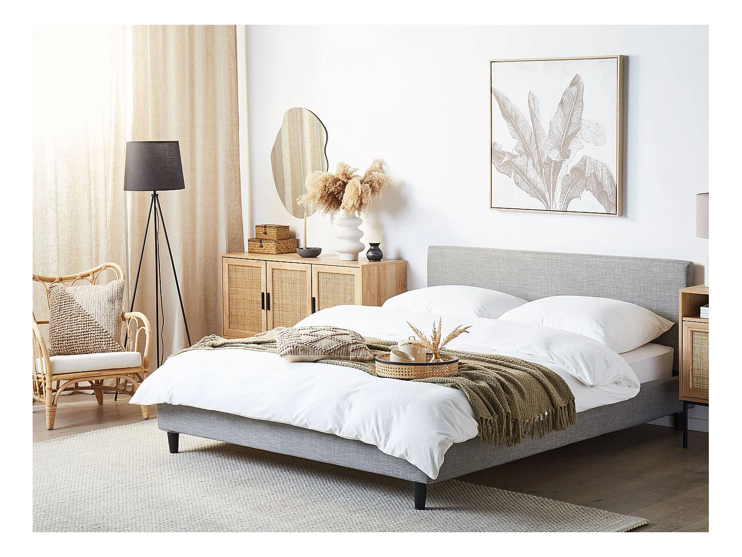 Cama com LED Tecido FITOU 160 x 200 cm Cinzento claro