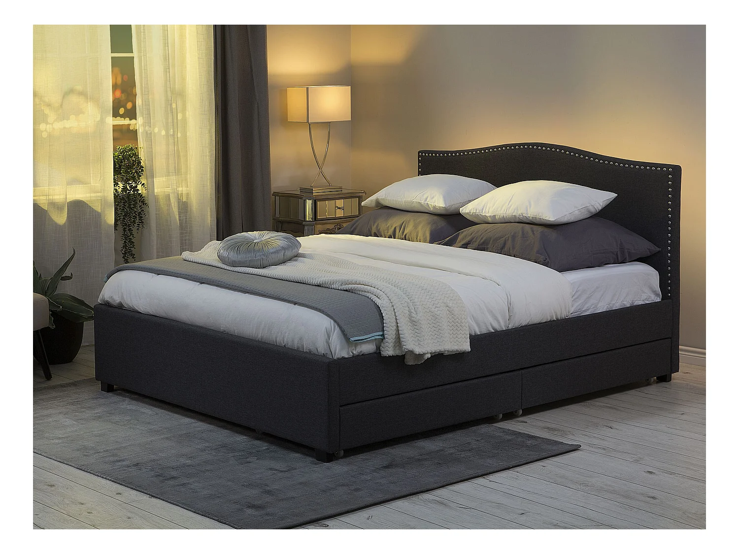 Letto con cassetti contenitori Tessuto MONTPELLIER 180 x 200 cm LED Grigio scuro