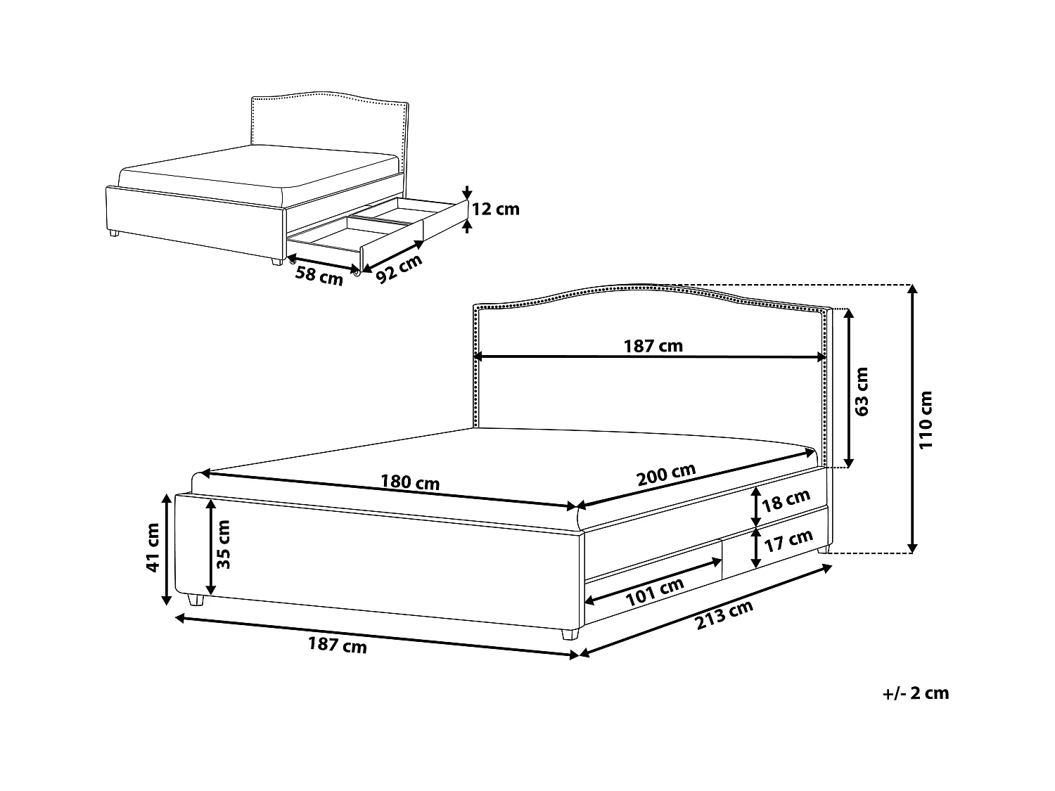 Letto con cassetti contenitori Tessuto MONTPELLIER 180 x 200 cm LED Grigio scuro
