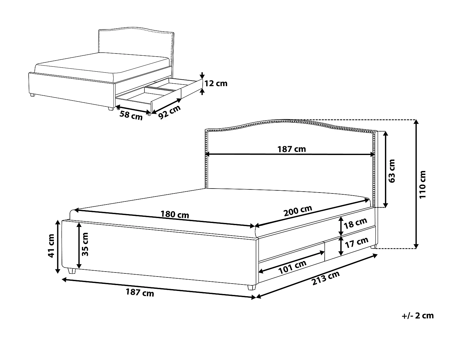 Cama con cajones Tela MONTPELLIER 180 x 200 cm LED Gris oscuro