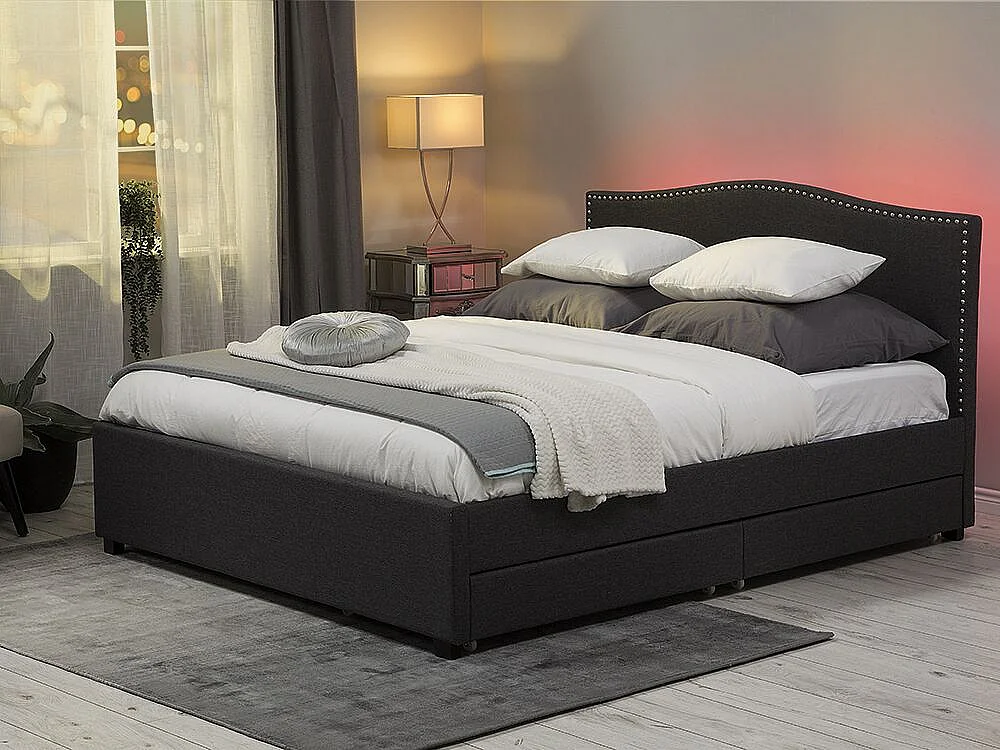 Bed met opbergladen Stof MONTPELLIER 160 x 200 cm LED Grijs