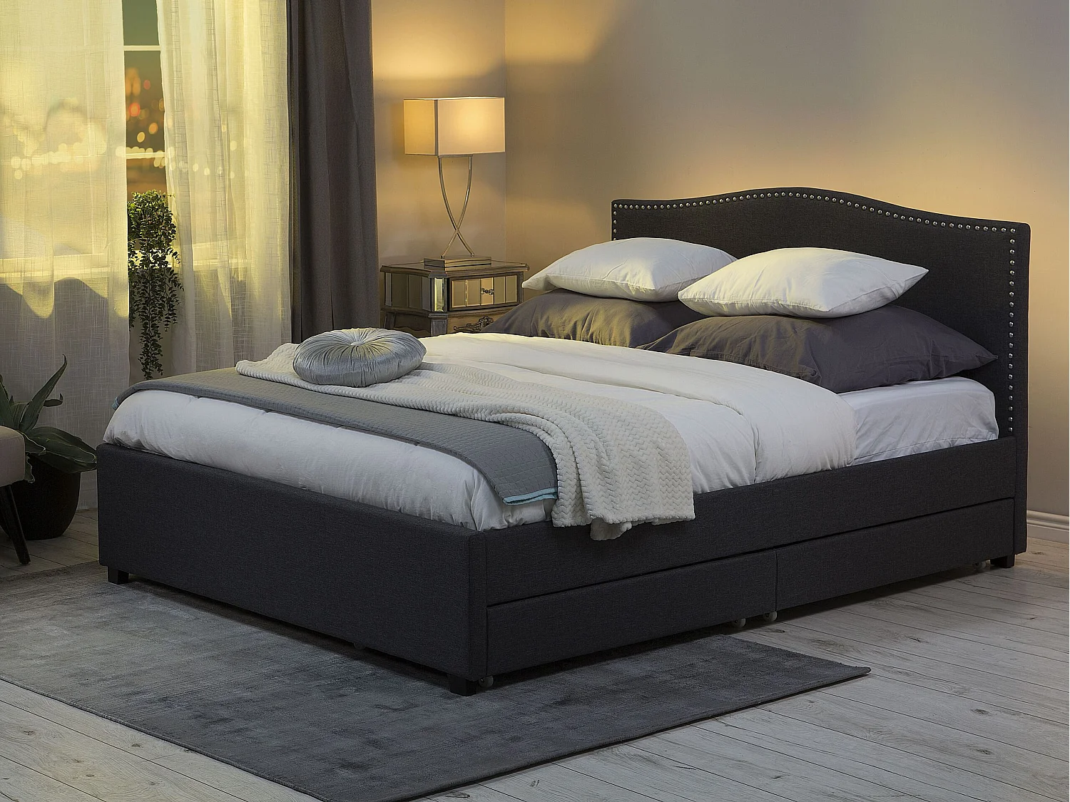 Lit avec tiroirs de rangement Tissu MONTPELLIER 160 x 200 cm LED Gris foncé