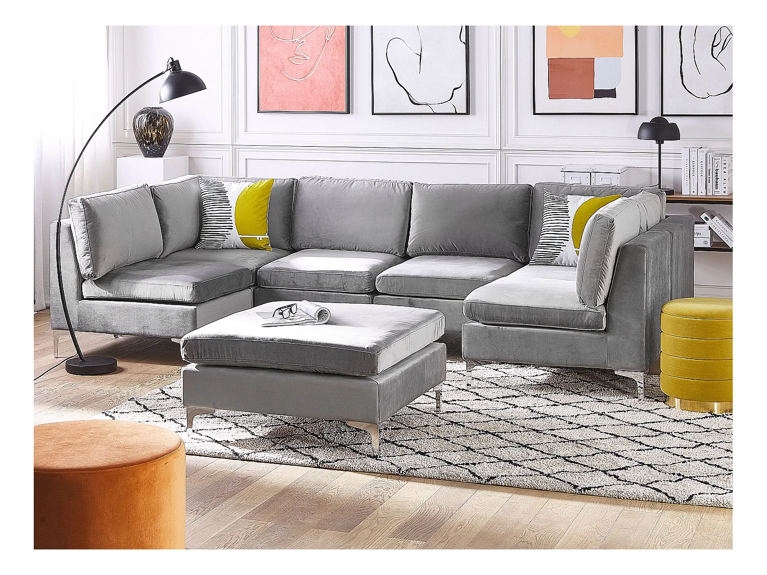 Canapé modulable en forme de U 6 places EVJA Velours Gris avec ottoman