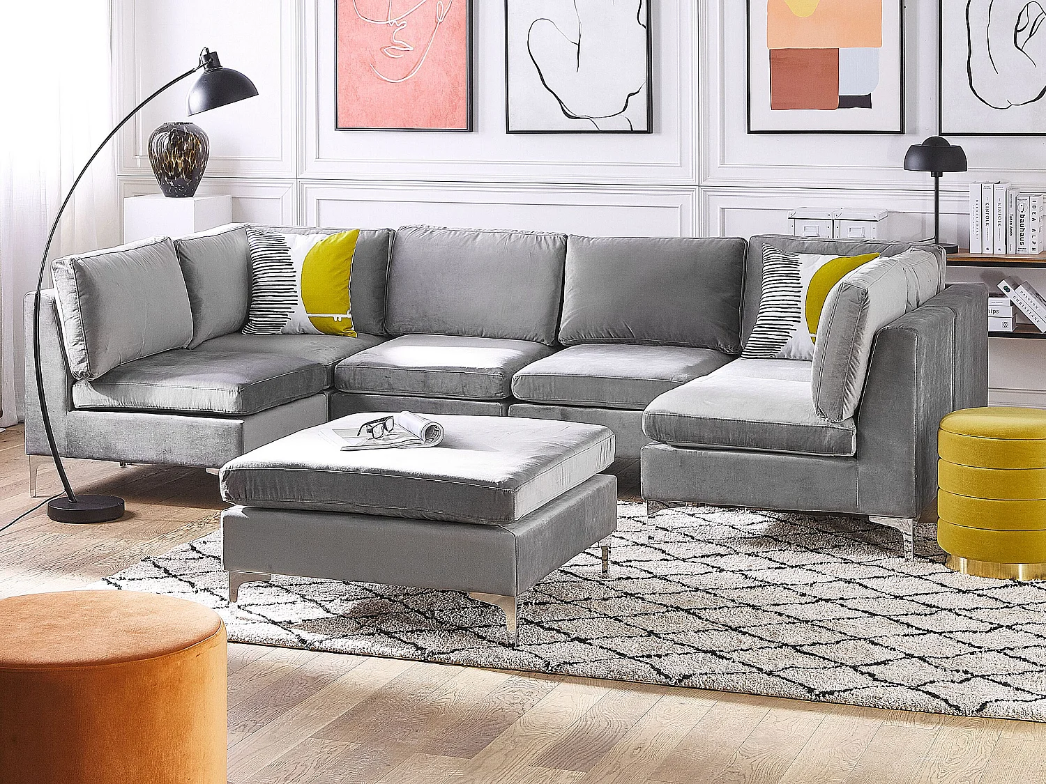 Canapé modulable en forme de U 6 places EVJA Velours Gris avec ottoman