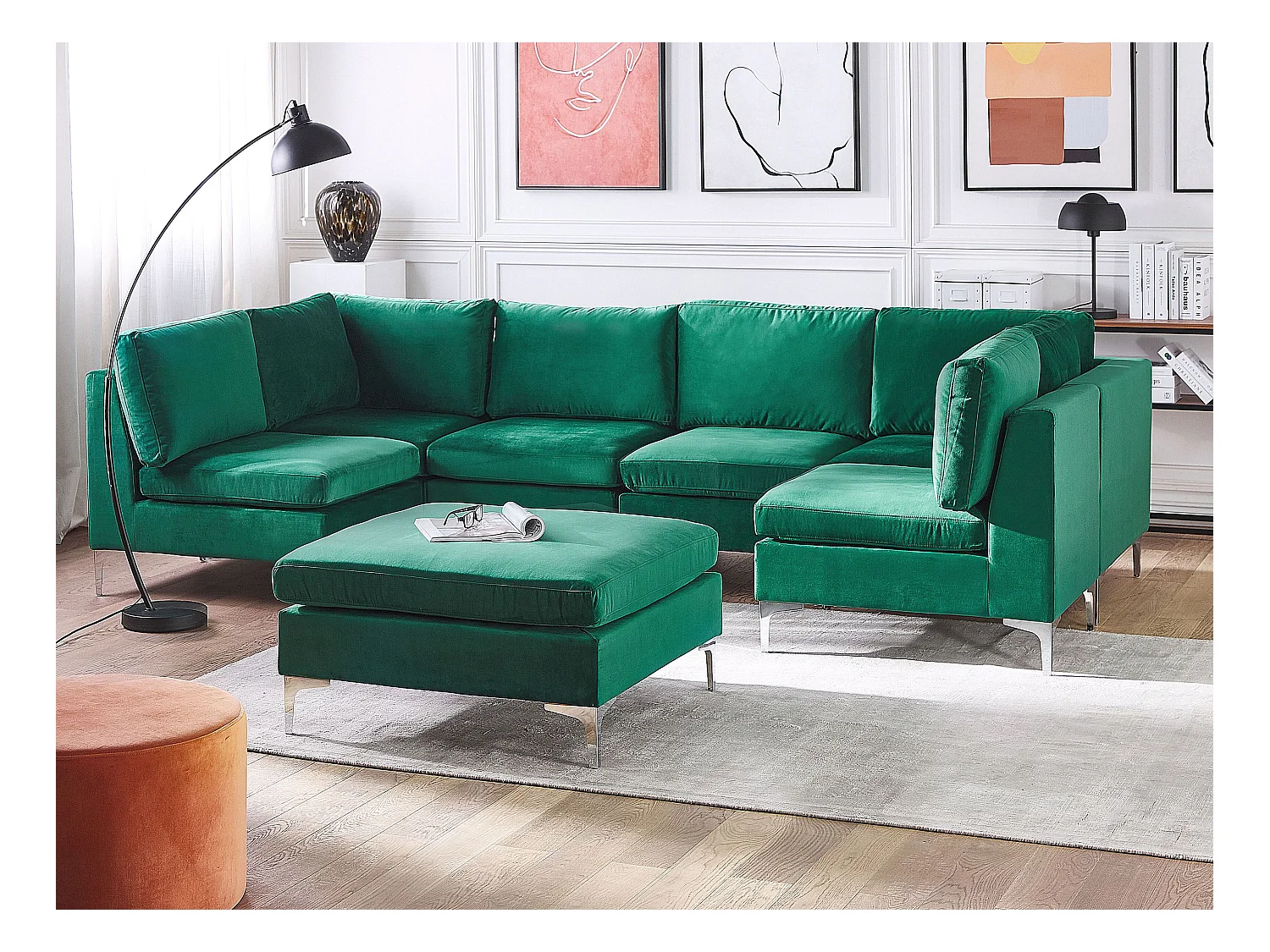 Canapé modulable en forme de U 6 places EVJA Velours Vert avec ottoman