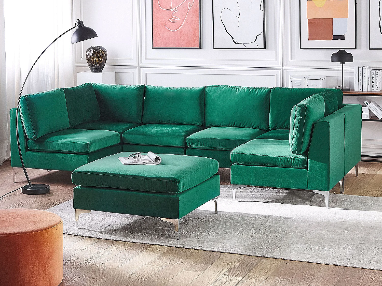 Canapé modulable en forme de U EVJA Velours Vert avec ottoman 6 places