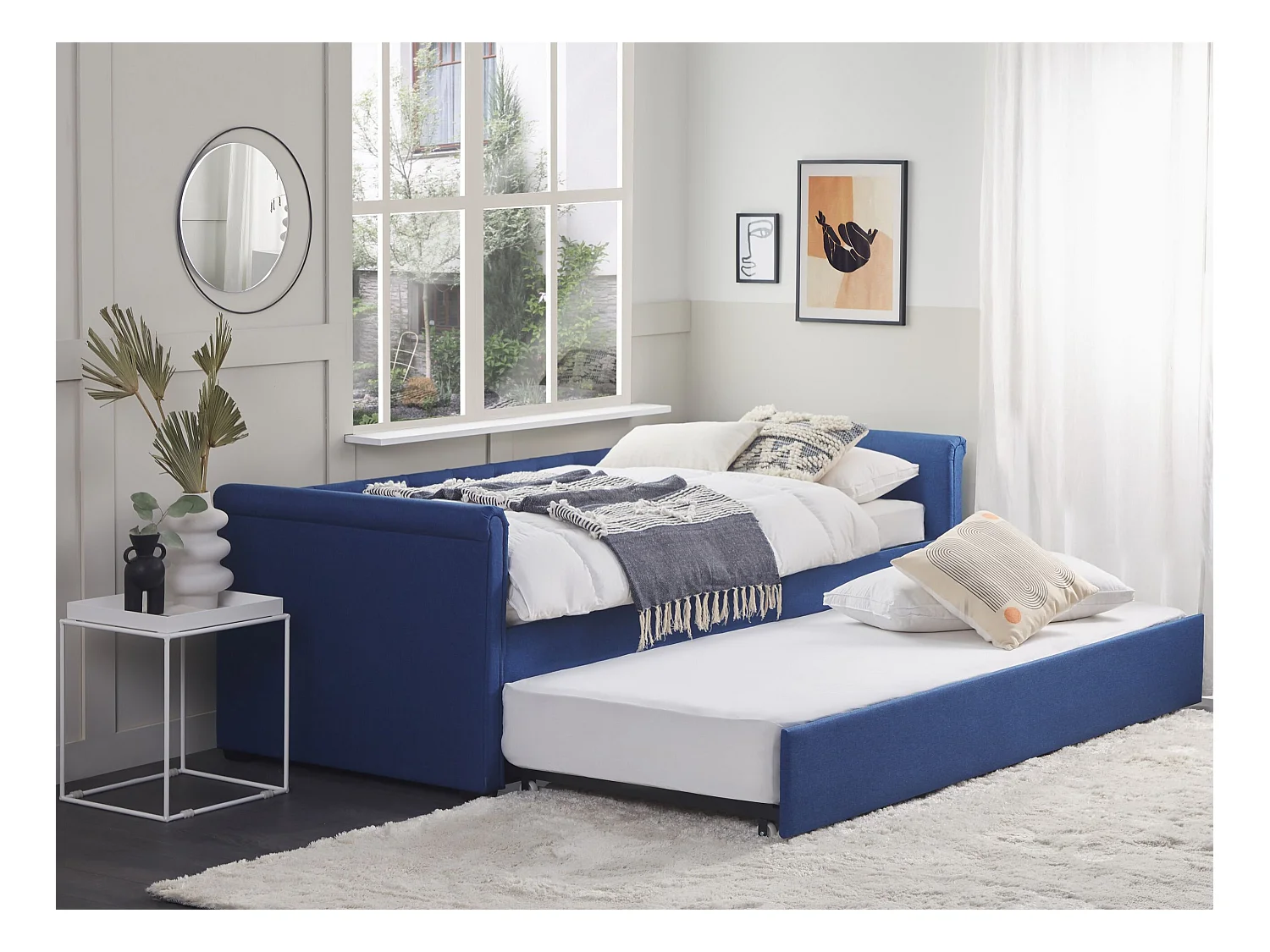 Elegantes Tandembett ausziehbar Polsterung marineblau Leinenoptik Libourne