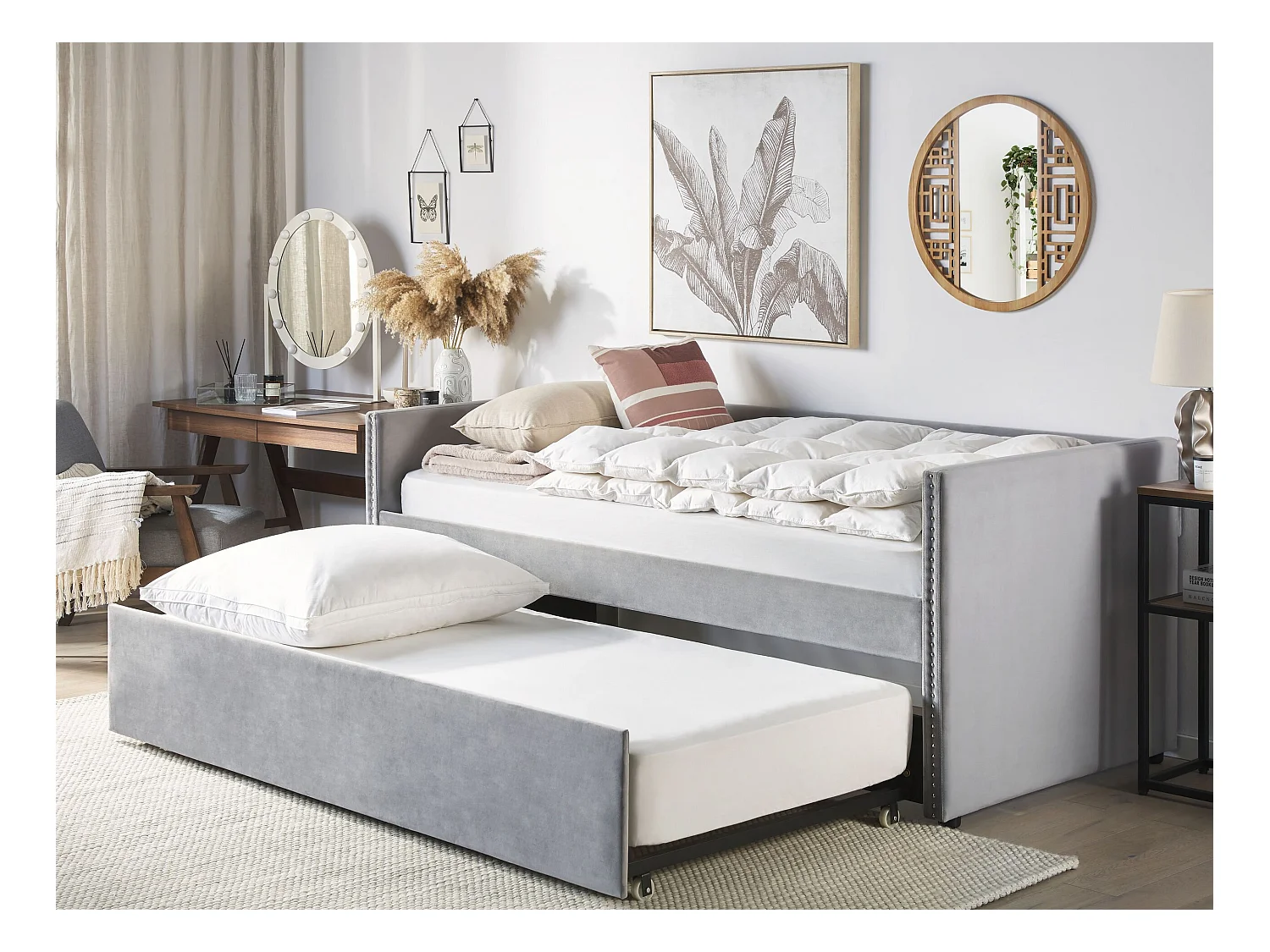 Lit gigogne Velours TROYES 90 x 200 cm Gris clair