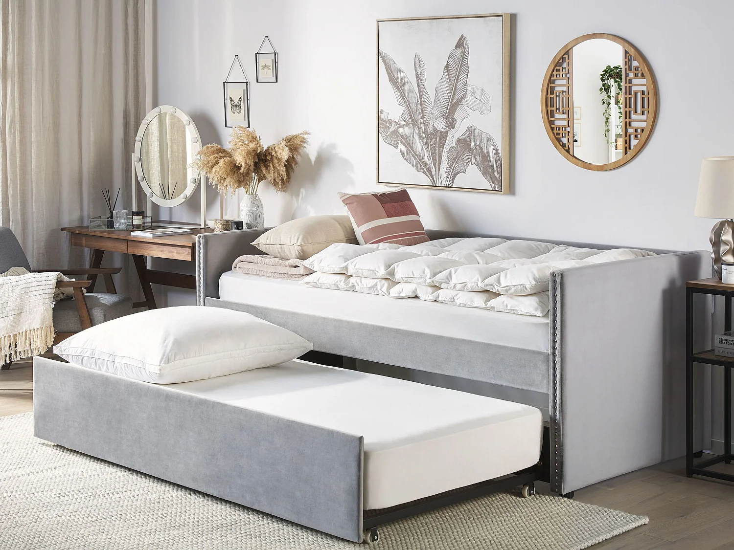 Lit gigogne Velours TROYES 90 x 200 cm Gris clair