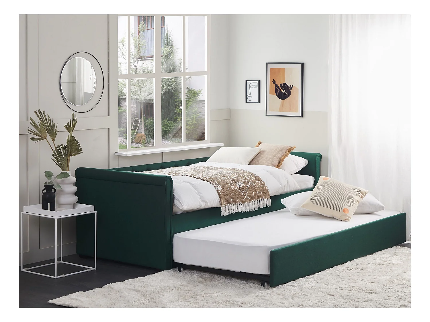 Elegantes Tandembett ausziehbar Polsterung grün Leinenoptik Libourne