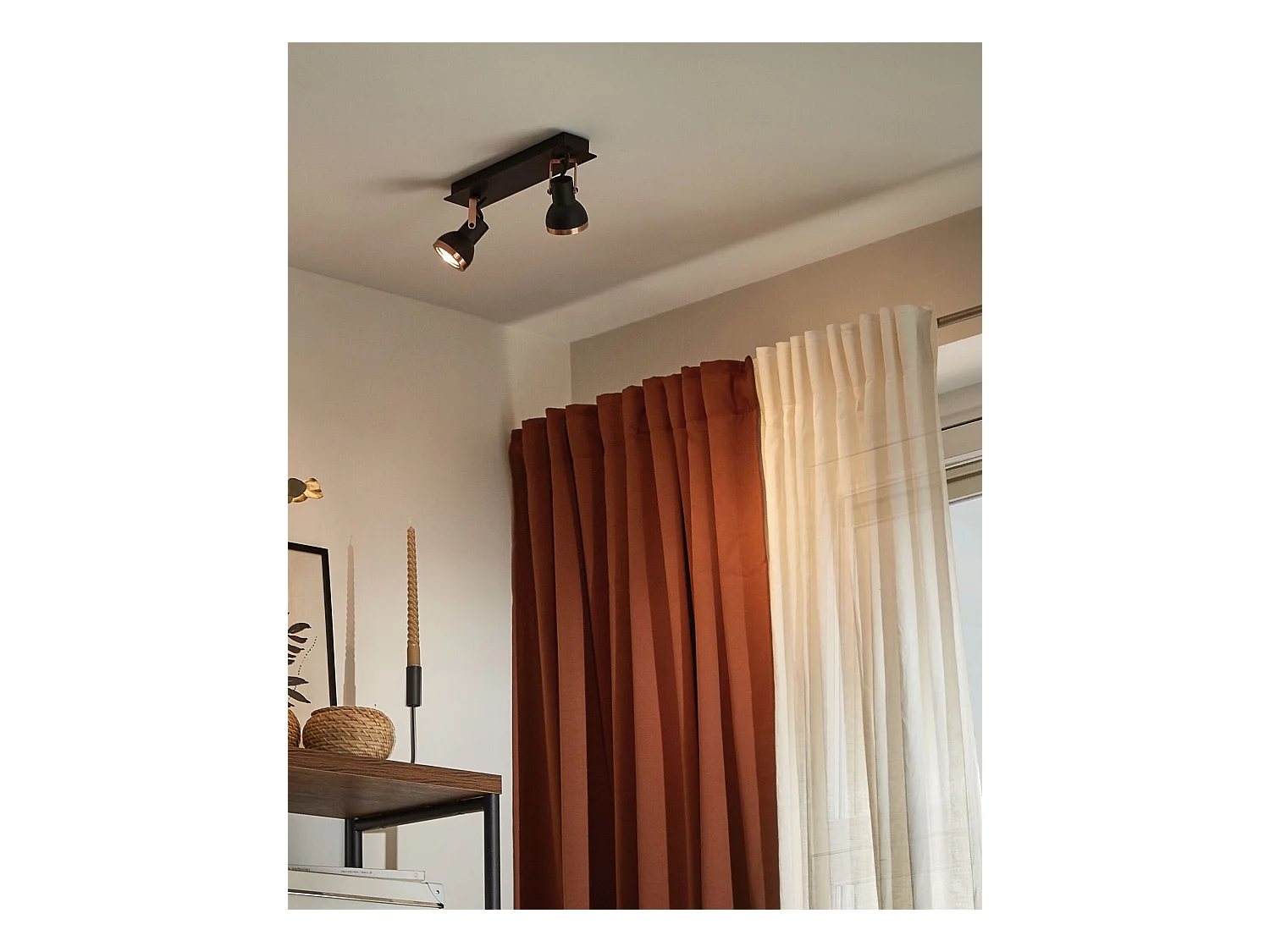 Plafondlamp 2 spots rechthoekig zwart/koper BARO