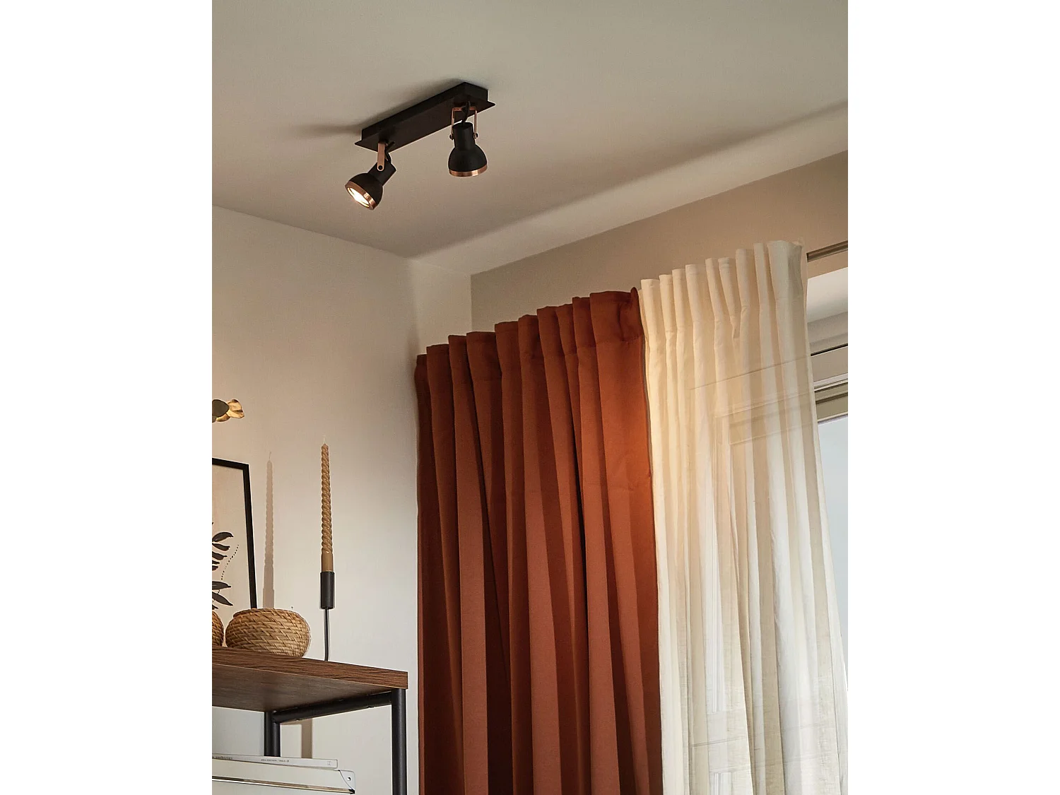 Plafondlamp 2 spots rechthoekig zwart/koper BARO