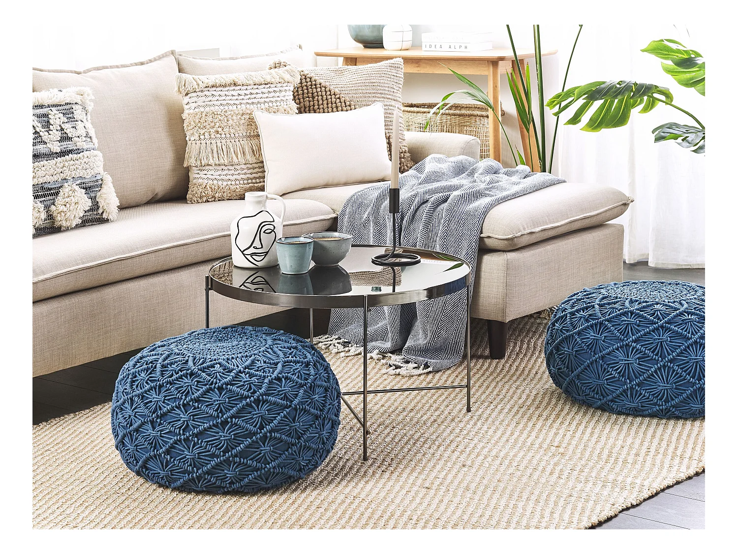 Poef Macramé BERKANE Katoen Marineblauw 50 cm 50 cm 30 cm