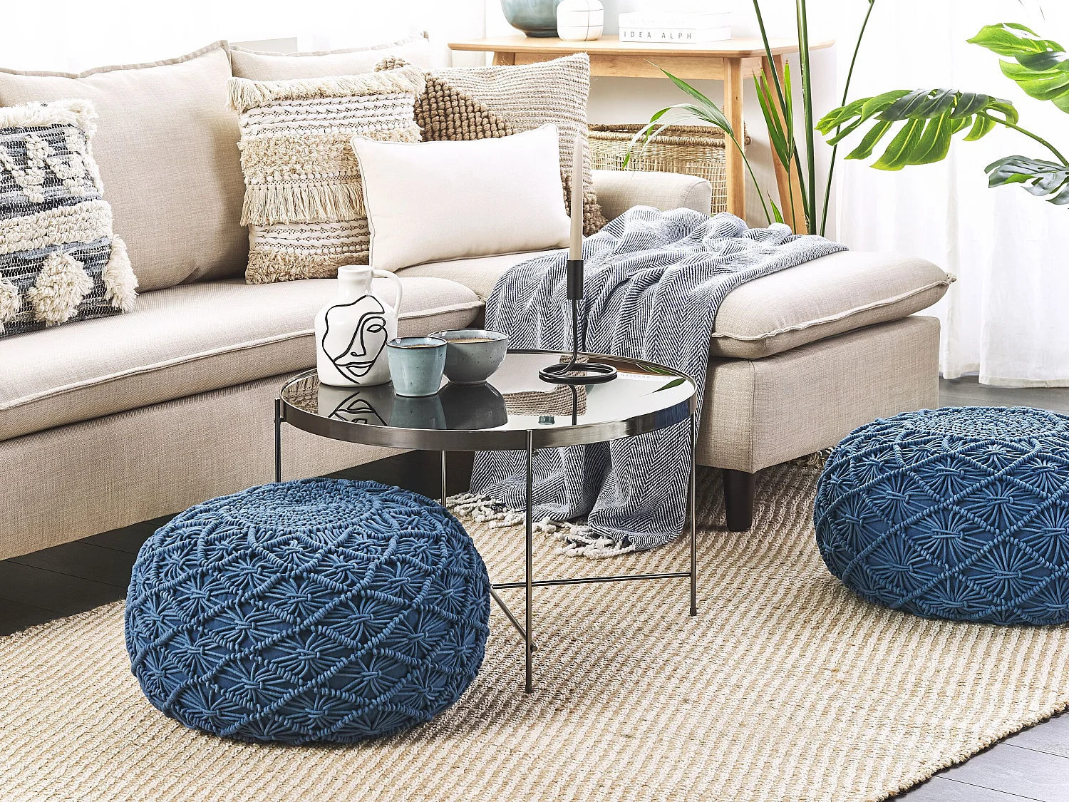 Pouf Macramé BERKANE Coton Bleu marine