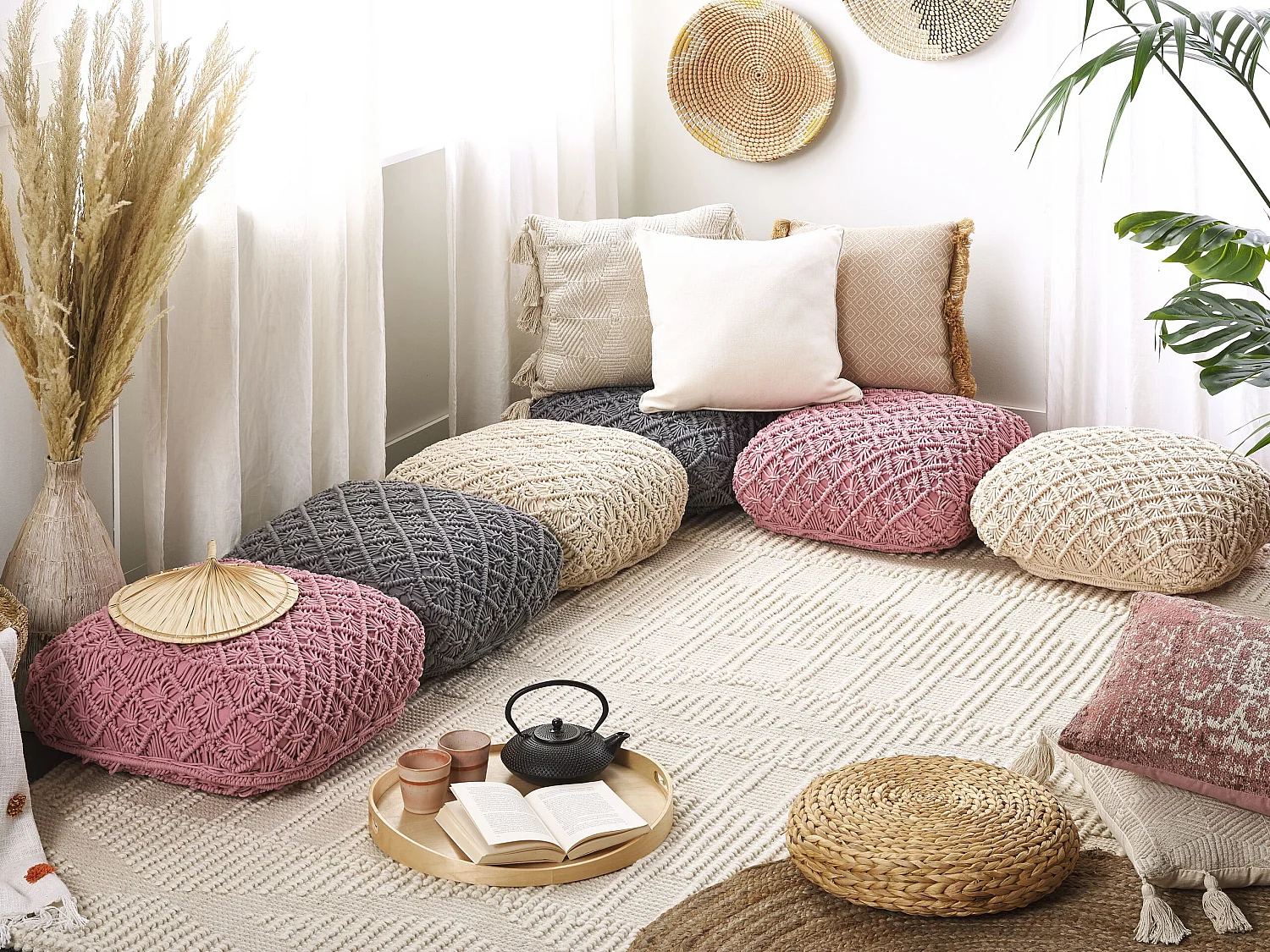 Pouf Macramé BERRECHID Coton Beige 50 cm 50 cm 20 cm