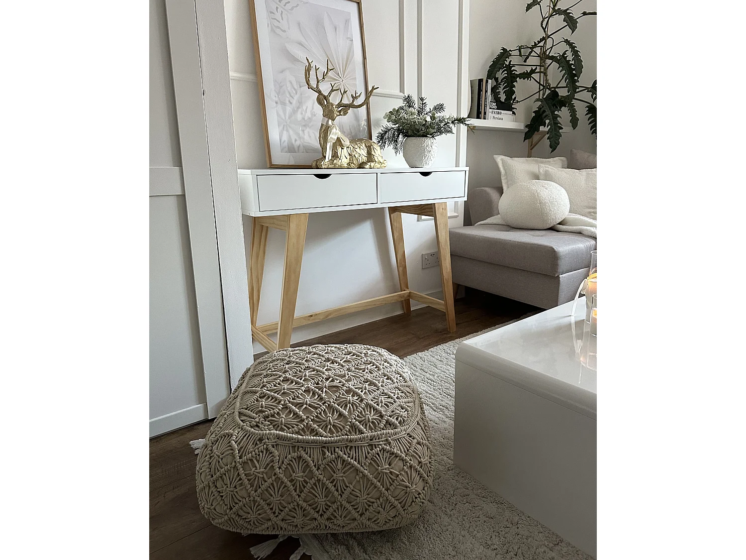 Pouf Macramé BERRECHID Coton Beige 50 cm 50 cm 20 cm