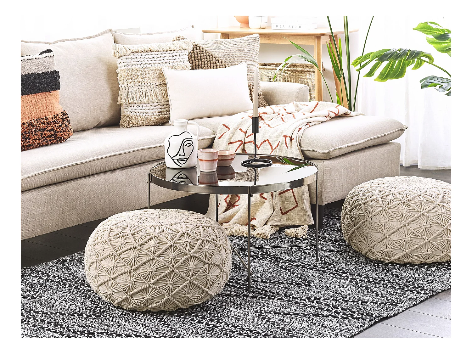 Pouf Baumwolle beige geflochten Makramee rund ⌀ 50 cm Strickhocker Boho Berkane