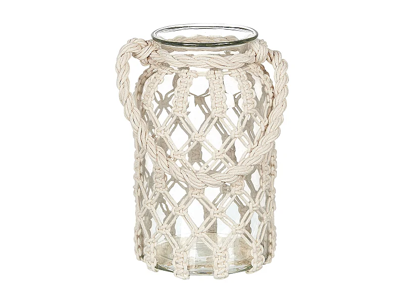 Laterne Glas weiß 28 cm mit Griff Makramee geflochten Tischdeko Boho Jalebi