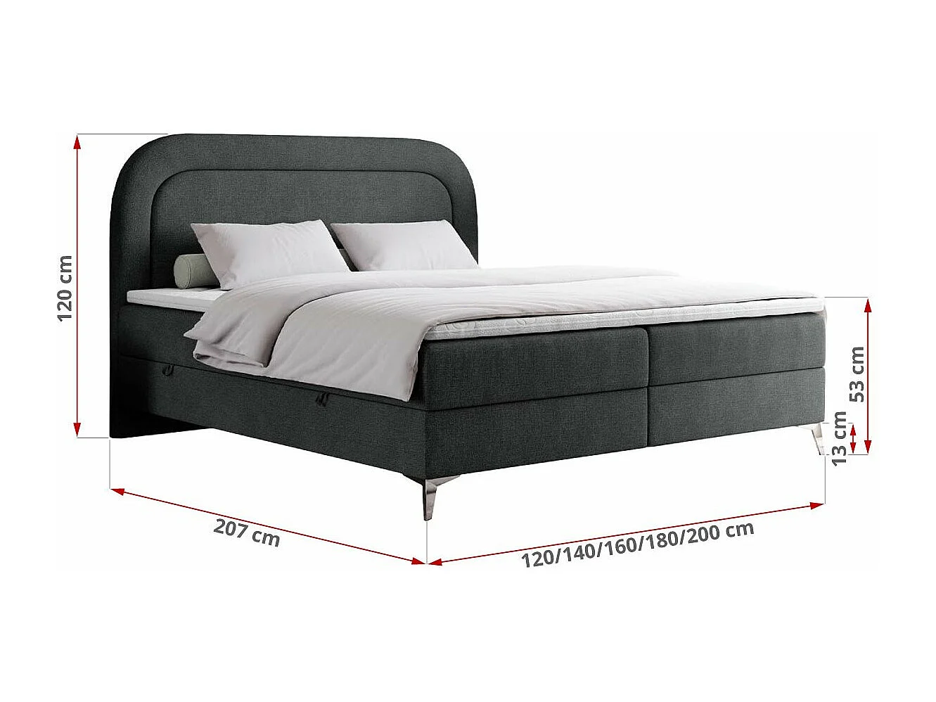 Boxspringbett EIRA - Polsterbett mit Stauraum, Set mit Kopfteil und Multipocket-Matratze, Metallbeine - 160x200 cm - H4 - Dunkelgrau Strukture