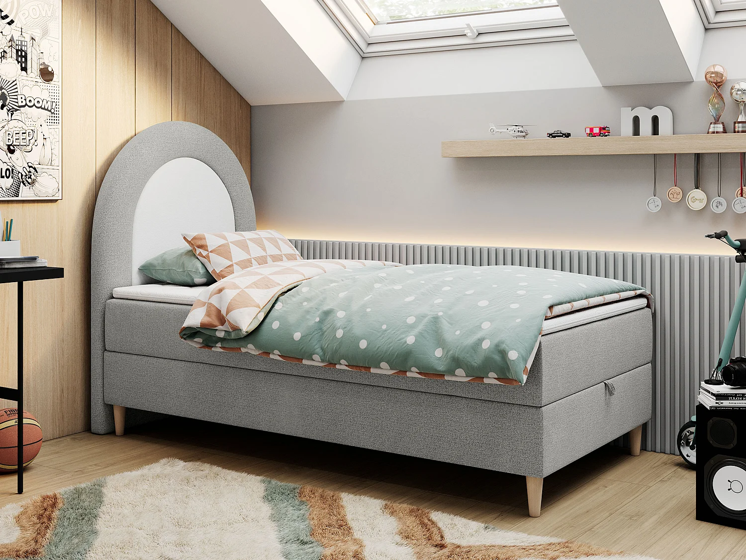 Kinderbett NEST - Boxspringbett für Kinder, mit hohem Kopfteil, Einzelbett mit Stauraum und Matratze - 90x180 cm - Hellgrau Strukture