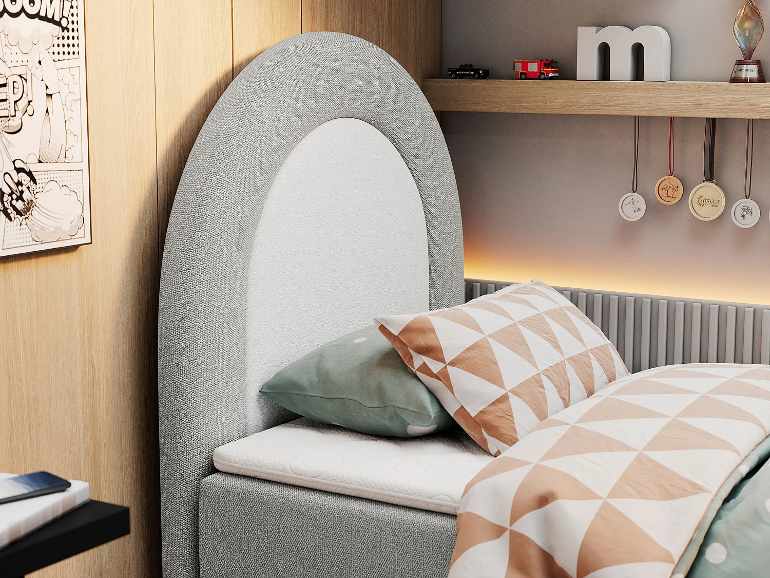 Kinderbett NEST - Boxspringbett für Kinder, mit hohem Kopfteil, Einzelbett mit Stauraum und Matratze - 90x180 cm - Hellgrau Strukture