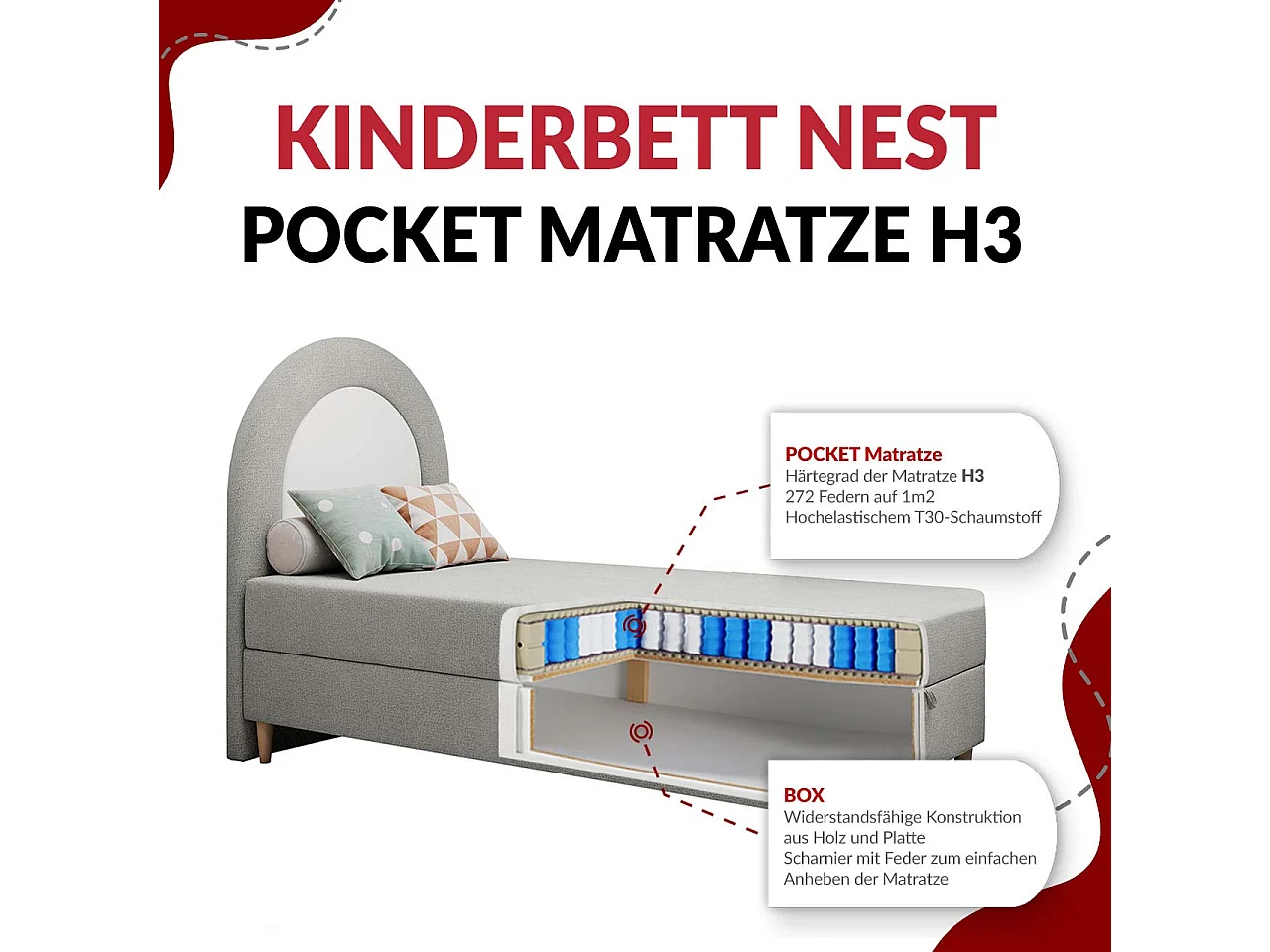 Kinderbett NEST - Boxspringbett für Kinder, mit hohem Kopfteil, Einzelbett mit Stauraum und Matratze - 90x180 cm - Hellgrau Strukture