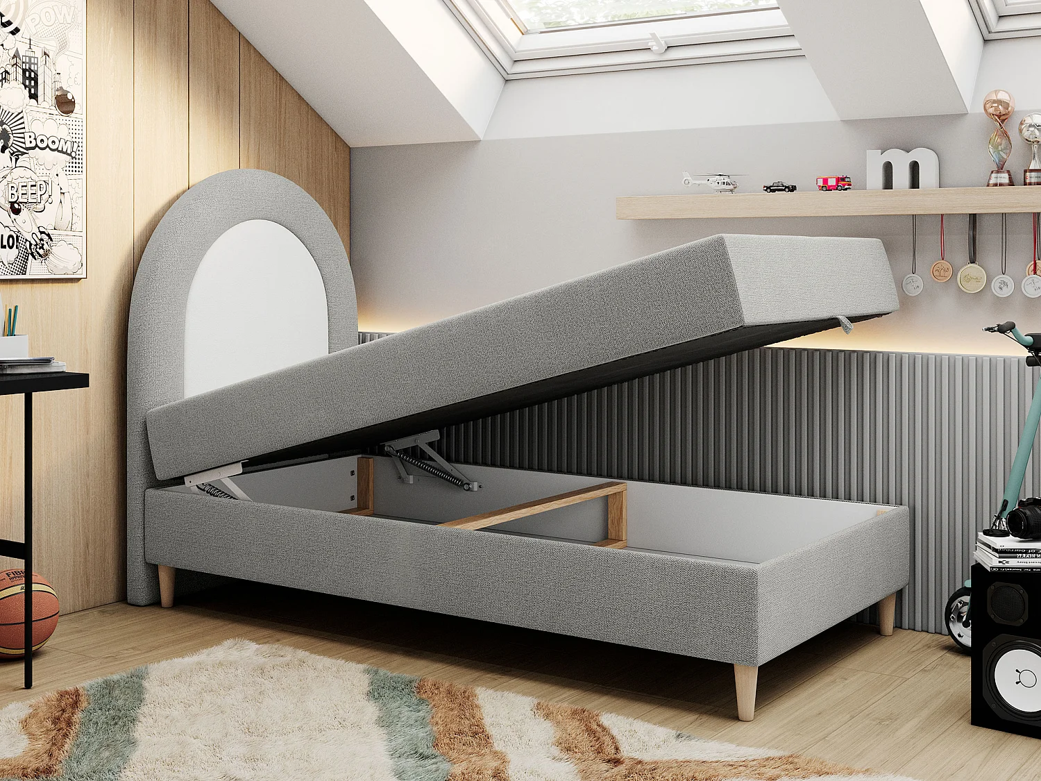 Kinderbett NEST - Boxspringbett für Kinder, mit hohem Kopfteil, Einzelbett mit Stauraum und Matratze - 90x180 cm - Hellgrau Strukture