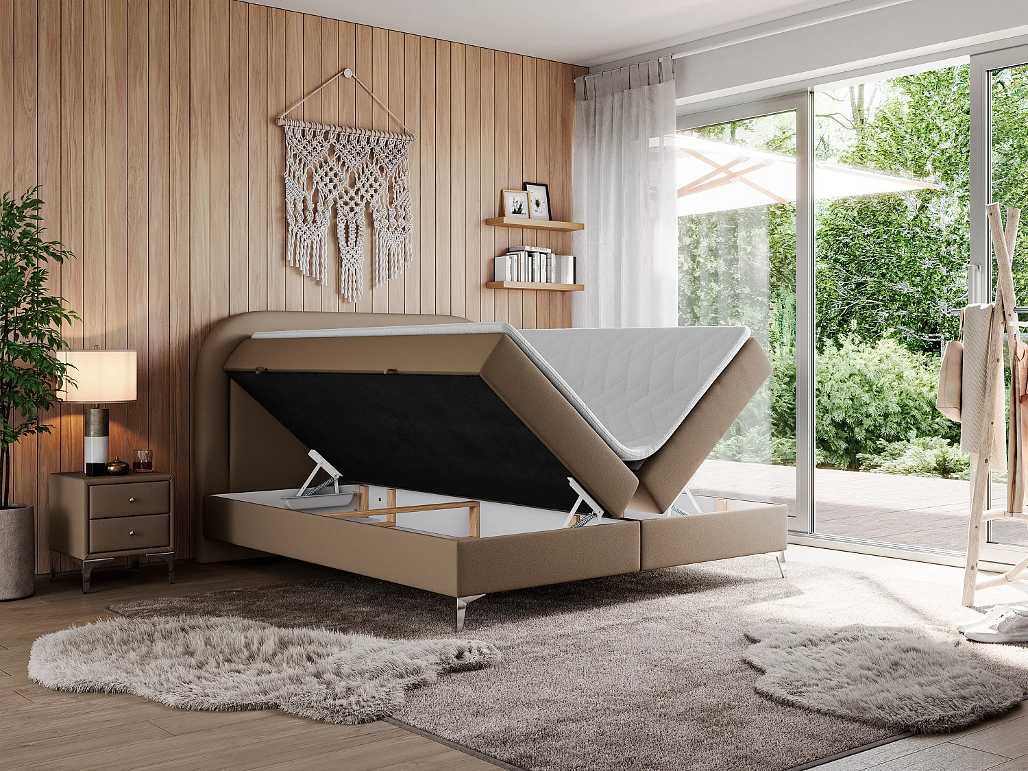 Boxspringbett EIRA - Polsterbett mit Stauraum, Set mit Kopfteil und Multipocket-Matratze, Metallbeine - 120x200 cm - H4 - Braun Kunstleder